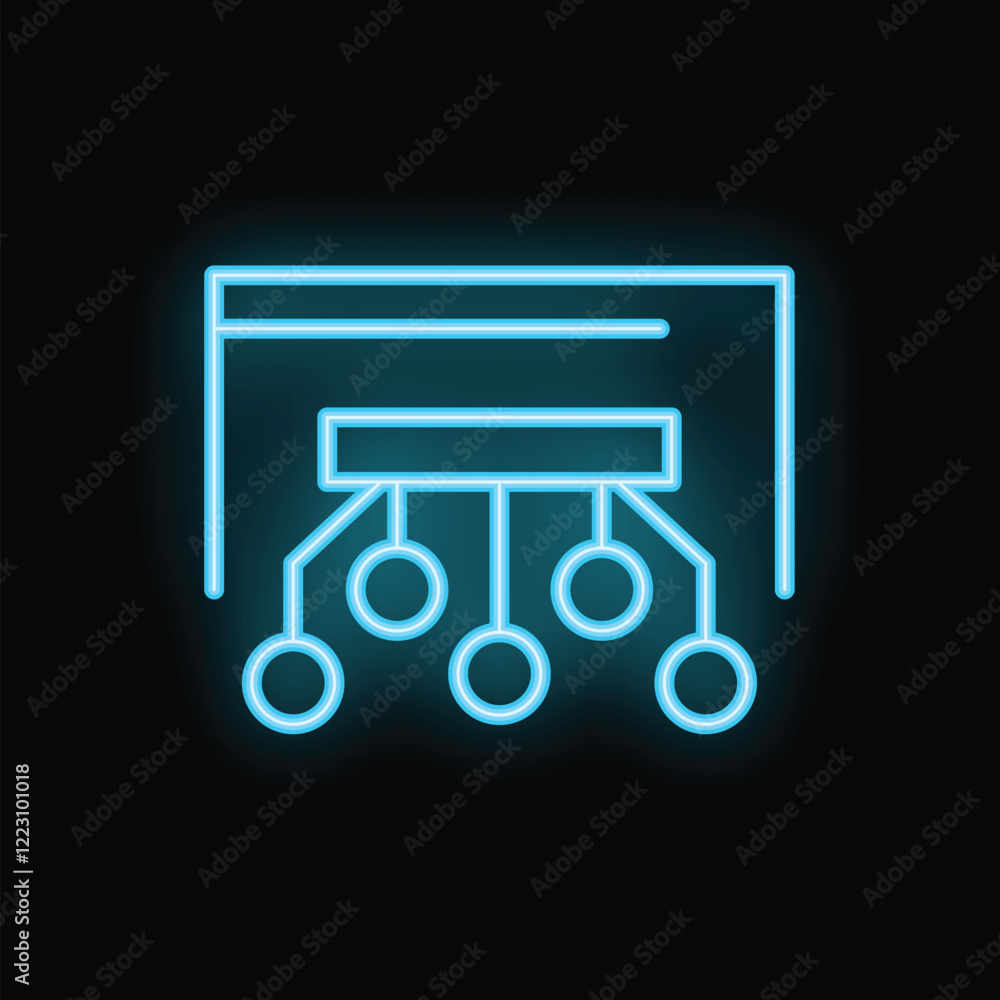 Poster blue neon icon of a machine learning algorithm processing data on a black background