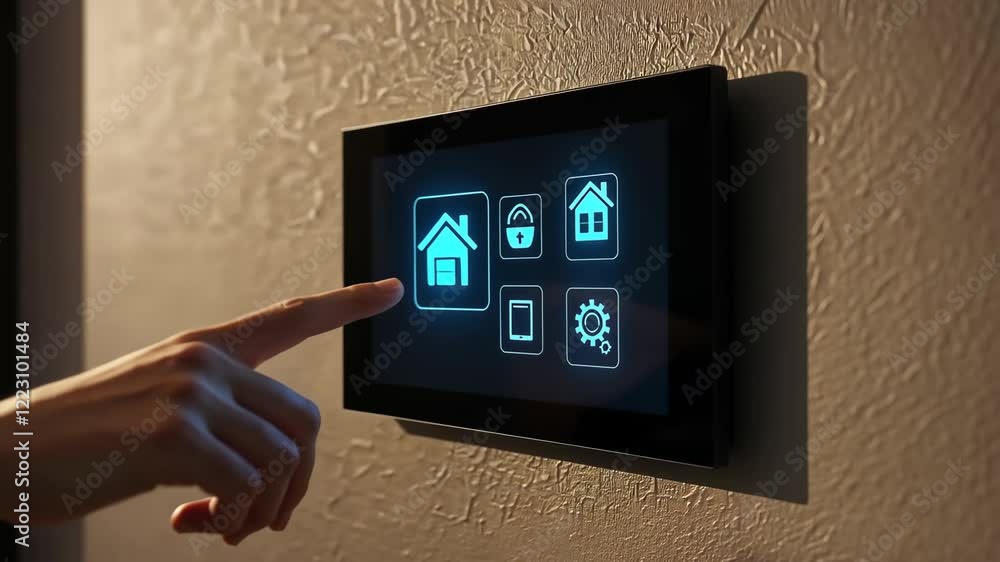 Poster finger touching smart home control panel on wall. modern automation system interface, technology for