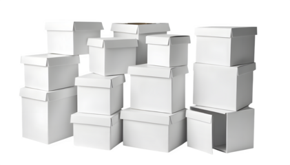 A stack of white, vacant cardboard boxes, all by themselves on a white surface.  