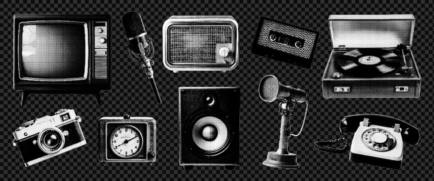 Vintage retro collage halftone elements old radio,  a microphone, old radio, antique telephone, record player, old TV, a film camera, a vintage clock, lanterns. Vector.