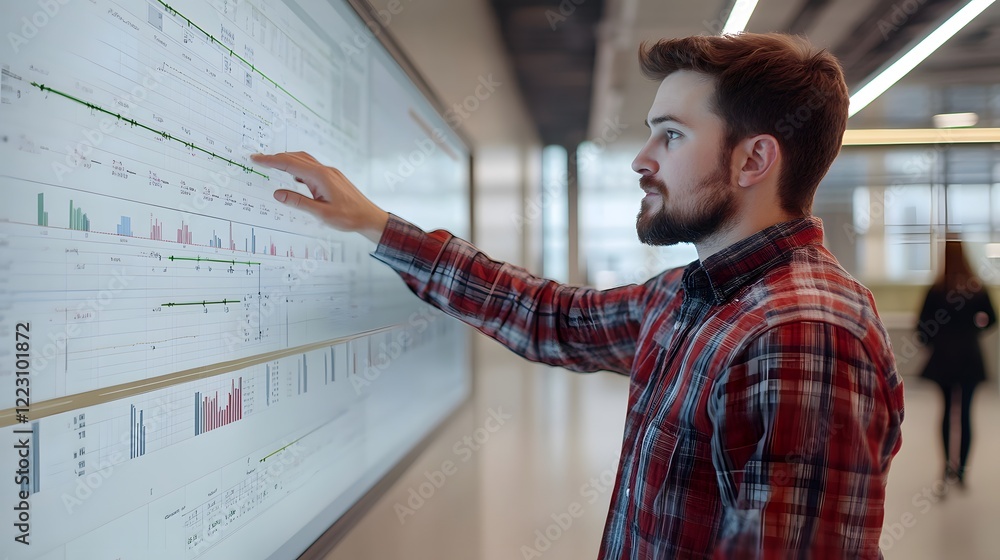 Poster young man interacting with touchscreen display, focused tech enthusiast exploring data in modern off