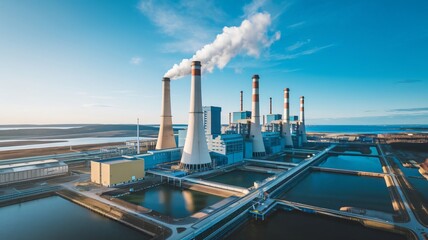 Obraz premium Large Industrial Power Plant With Chimneys and Water Reservoirs
