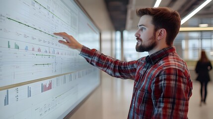 Young man interacting with touchscreen display, focused tech enthusiast exploring data in modern office space, engaging environment.