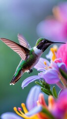 Fototapeta premium Vibrant Green Hummingbird with Colorful Flowers
