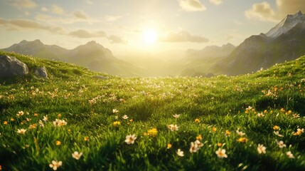 Fototapeta premium Grassy field with flowers and mountains