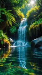 Fototapeta premium Serene Lush Waterfall and Pool
