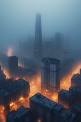 arafed view of a city at night with fog and low light