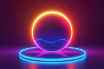 Vibrant Neon Sphere with Circular Base in Futuristic Setting