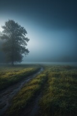 Obraz premium arafed tree in a field with a dirt path in the foreground