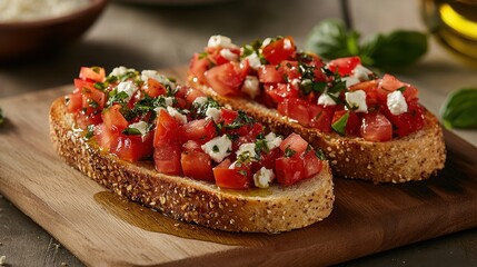 Fresh tomato bruschetta on toasted bread, topped with herbs and cheese, served on a wooden board, perfect as an appetizer.