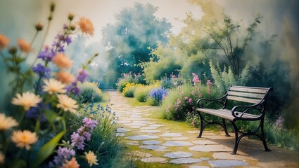 Obraz premium Tranquil Garden Path with Colorful Flowers