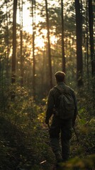 Obraz premium Man with backpack walking through dense forest, golden sunlight filtering through tall trees, peaceful atmosphere, representing adventure, solitude, and connection with nature.