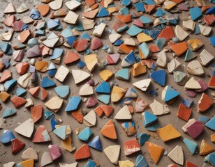 Broken pottery shards on a stone floor background, ancient art, mosaic, ceramics
