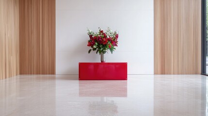 Red flowers in vase on red stand in modern lobby