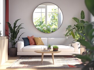 Scandinavian modern living room with a white sofa, simple coffee table, and potted plants near a window