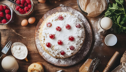 Freshly baked sponge cake on the table, top view