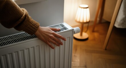 Hand adjusting a radiator in a cozy, warmly lit room