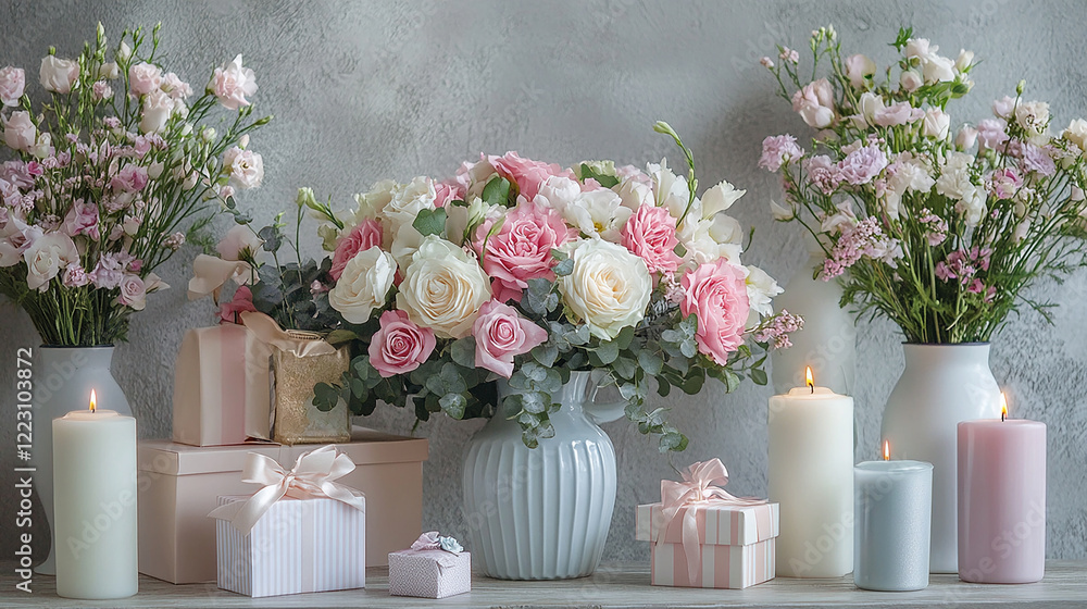 Poster a table is set with candles and flowers, creating a warm and inviting atmosphere. the candles are li