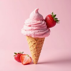 Creamy pink ice cream scoop with a strawberry design on it, strawberry, , pink