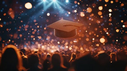 A holographic graduation cap soaring above a gathering of aspiring leaders illuminating their faces with the promise of potential unlocked through education.