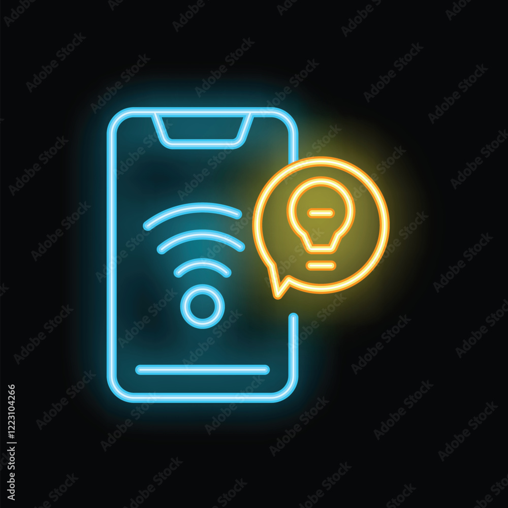 Poster neon glowing icon of a smartphone showing wifi signal and light bulb notification icon in a speech b