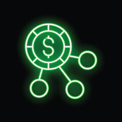 Green neon style illustration of a casino chip with the dollar sign connected to three empty circles, representing the concept of gambling addiction