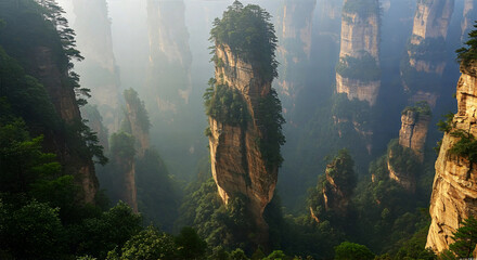 A stunning natural wonder renowned for its towering, ethereal sandstone pillars and lush, verdant forests.