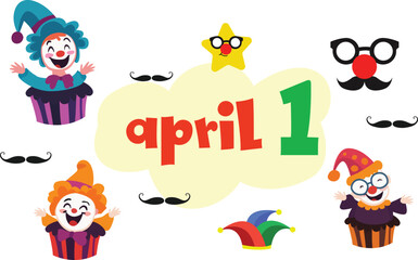 Fototapeta premium Bright April 1 text with clowns, mustaches, a star, and fun icons on a light yellow background for April Fools Day celebrations.
