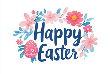 Obraz premium Colorful floral arrangement with the text 'Happy Easter' and decorative egg, perfect for spring celebrations