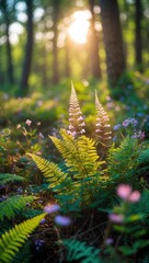 Lush ferns and wildflowers in sunlight
