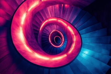 Colorful spiral staircase with vibrant neon lights in a modern design