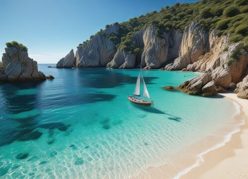Cala di Cupabia beach with a sailboat and crystal clear water, water, sailing, ocean