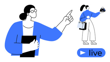Two individuals, one pointing and holding a tablet, other with shopping bags presenting a product, live button. Ideal for e-commerce, online shopping, retail, digital marketing, influencer