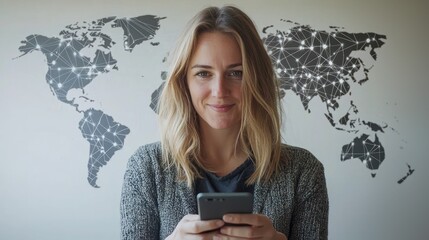1. A person using a smartphone with a world map and communication icons in the background.