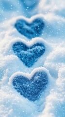 Fototapeta premium Seamless pattern of love heart footprints in snow with delicate heart shapes. Set against a light blue snowy background for a cozy, romantic, wintery feel.