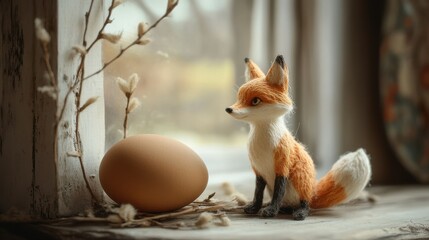 Orange fox figurine with egg on rustic wooden windowsill