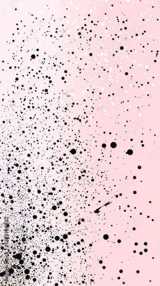 Poster on a soft pink backdrop, an array of black dots, varying in size and density, cascades downwards, ev
