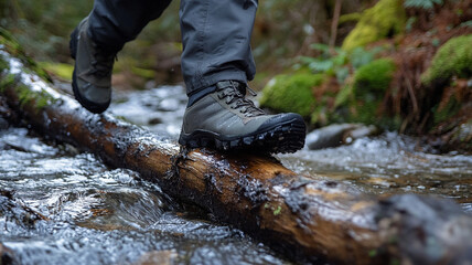 foot stepping onto slippery log in stream, showcasing outdoor adventure