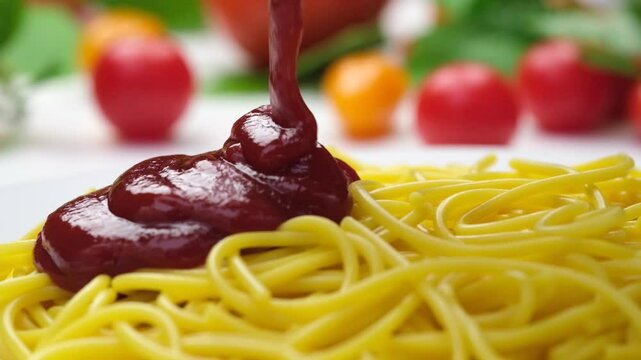 Ketchup pouring on spaghetti close-up, concept video for commercial