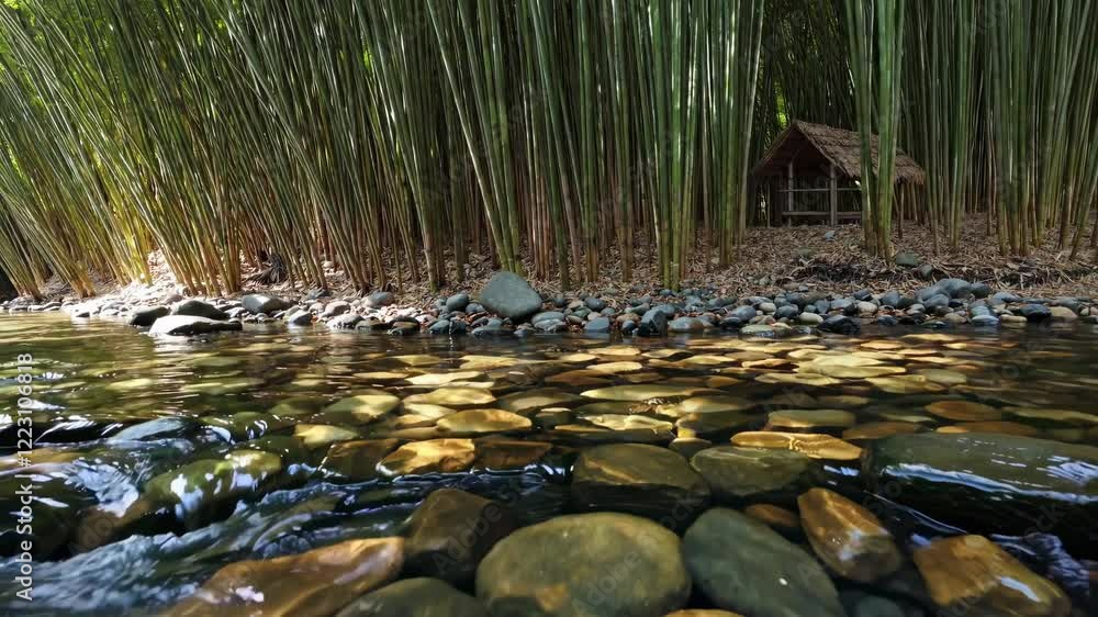 Aufkleber tranquil stream flows through bamboo forest with a rustic hut nearby