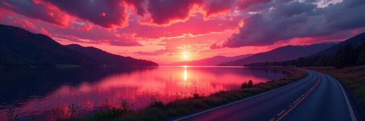 Naklejka premium Crimson sky paints lake, dark road curves beside tranquil water , reflection, clouds, spring