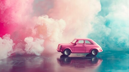 Pink retro car parked on a surreal pastel cloudscape