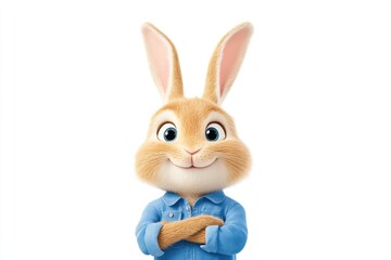 Obraz premium Cartoon rabbit character with a friendly expression, wearing a blue shirt, standing confidently
