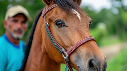 Obraz premium Close-Up of a Majestic Horse with Equestrian in Background