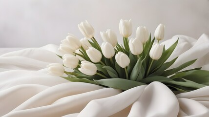 A delicate, romantic setting with a bouquet of white tulips on a soft, flowing fabric, creating a dreamy background with copy space.
