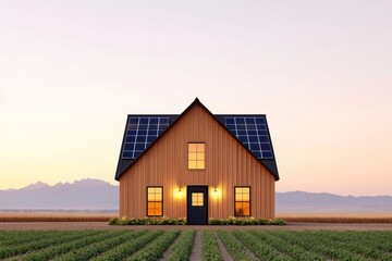 Obraz premium Modern eco-friendly house with solar panels in a serene rural landscape at sunset