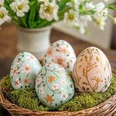 Fototapeta premium Elegant Easter Eggs. Four pastel-colored Easter eggs with gold floral patterns in a moss-lined wicker basket, set against a spring floral background.