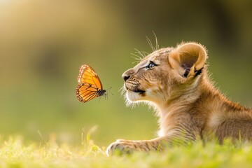 Obraz premium Adorable Lion Cub Curiously Gazing at a Beautiful Monarch Butterfly in a Serene Natural Setting with Soft Light and Gentle Grass Underneath