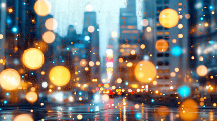 City Lights in the Rain: A captivating bokeh effect showcases the vibrant city lights blurred into shimmering orbs of color, reflecting on a rain-slicked street, creating a magical urban dreamscape. 