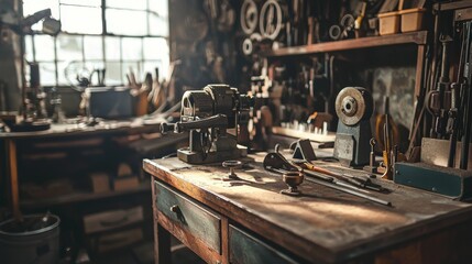 Rustic workshop with woodworking tools on a wooden table